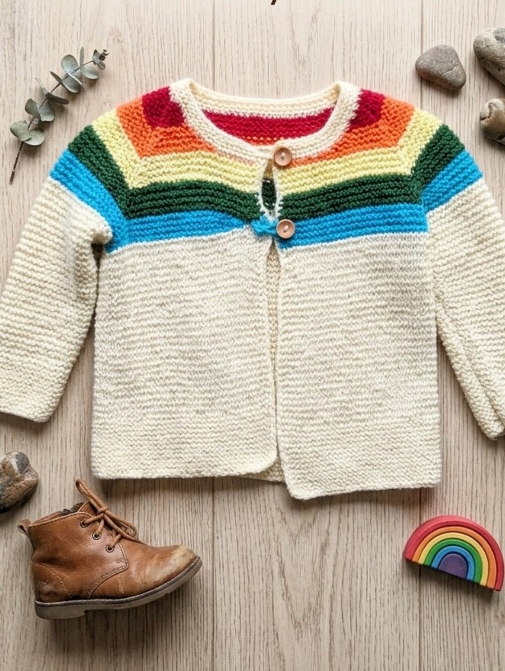 Vintage Handmade Hand Knit Rainbow Yoke Cardigan Sweater Cream Butterfly Buttons